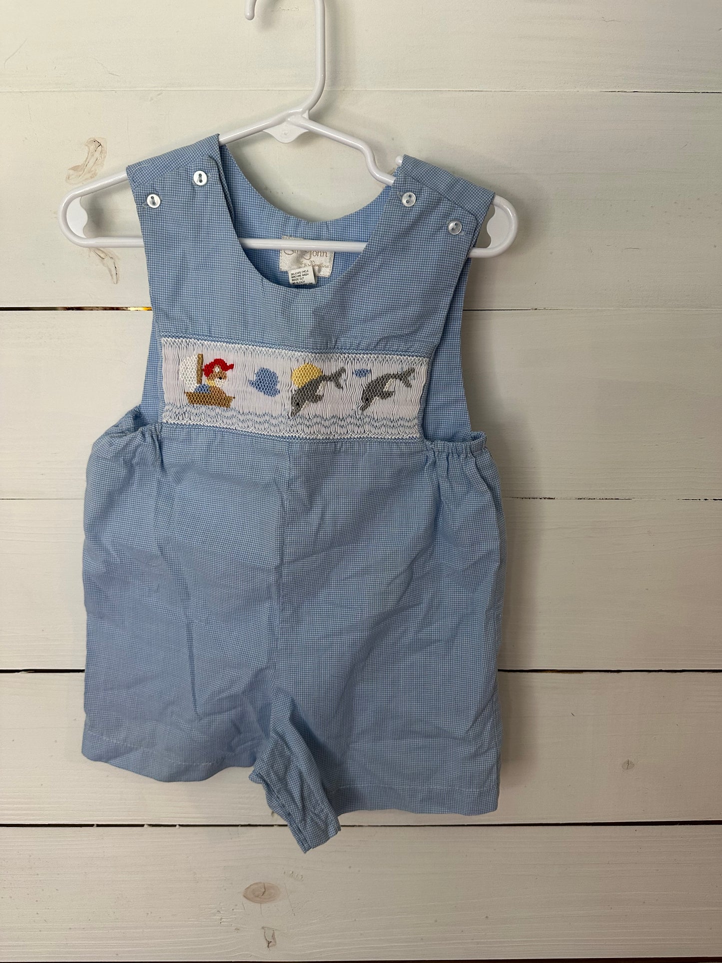 12m - Sir John Blue Gingham Smocked Dolphins and Boat Jon Jon