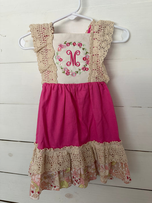 RicRac Ruffles Pink Dress with Flower & Crochet Details - Embroidered M and flower details