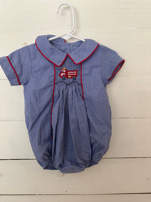 Little English: Navy blue mini gingham bubble with smocked firetruck and peter pan collar