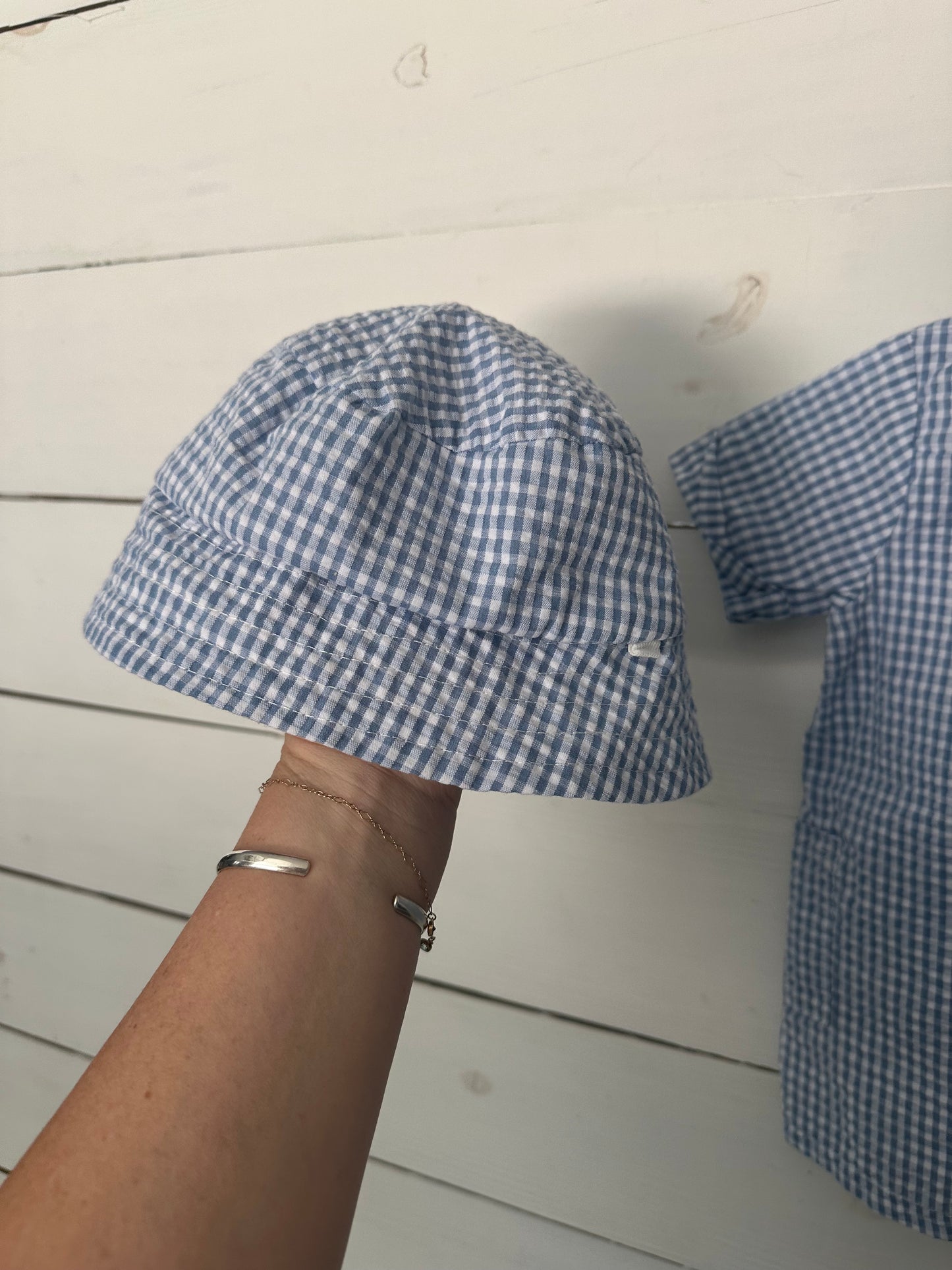 6-9M - Liam & James Gingham Romper and Matching Hat