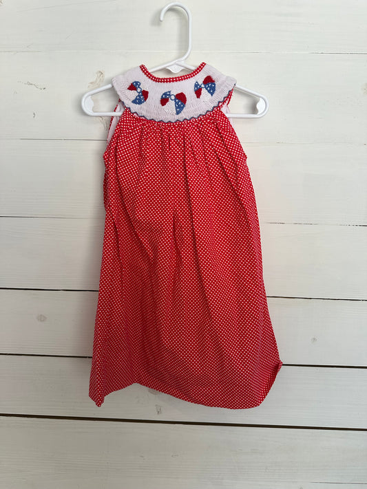 Marjorie's Daughter Red Polka Dot Bishop Dress with Smocked Patriotic Beach Balls