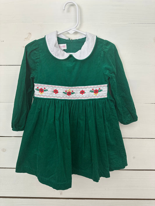 2T - Bonnie Jean Green Christmas Dress with smocked poinsettias and zip up back
