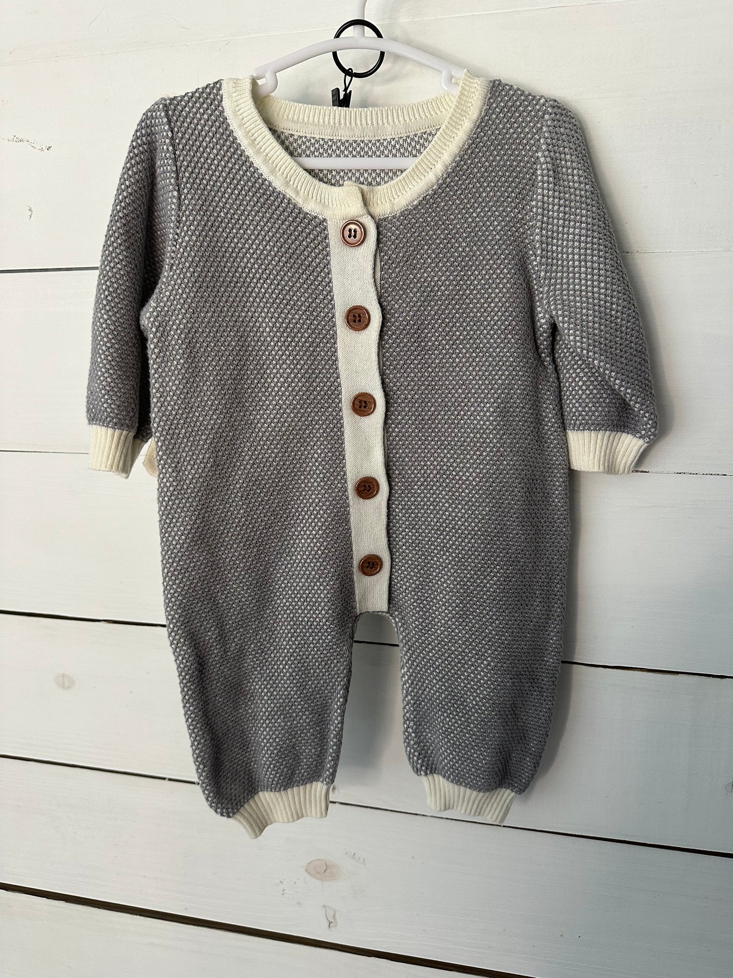 0-3M - Knit Button Up Gray and Cream Button Up Romper with Bonnet