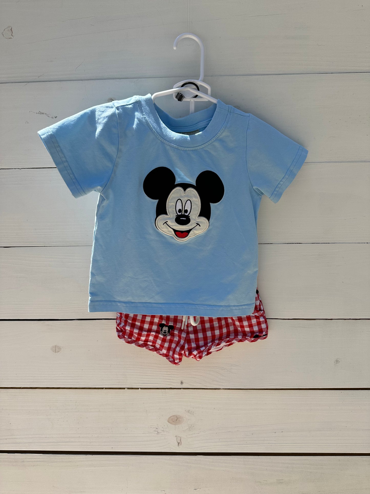 Southern Darlin Smocks 2 Piece short set - Mickey Mouse appliqued shirt and mickey mouse embroidered gingham shorty shorts with draw string