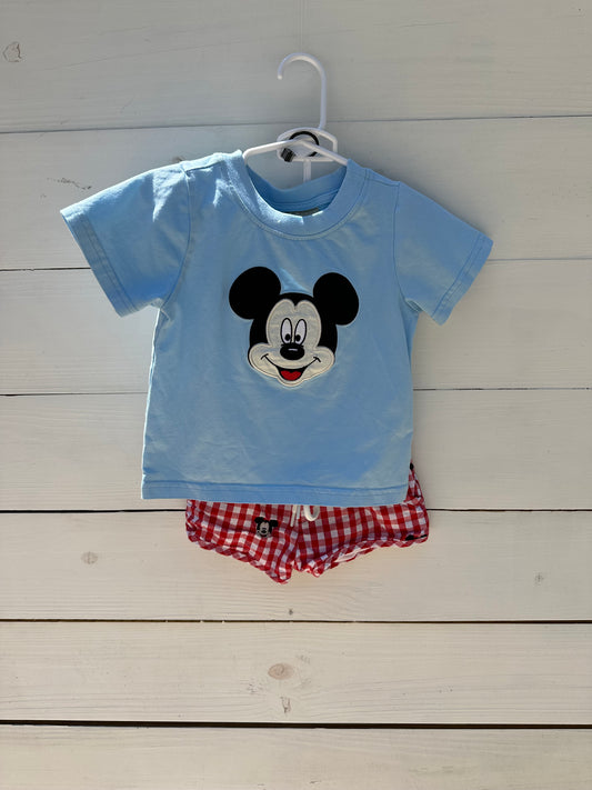 Southern Darlin Smocks 2 Piece short set - Mickey Mouse appliqued shirt and mickey mouse embroidered gingham shorty shorts with draw string