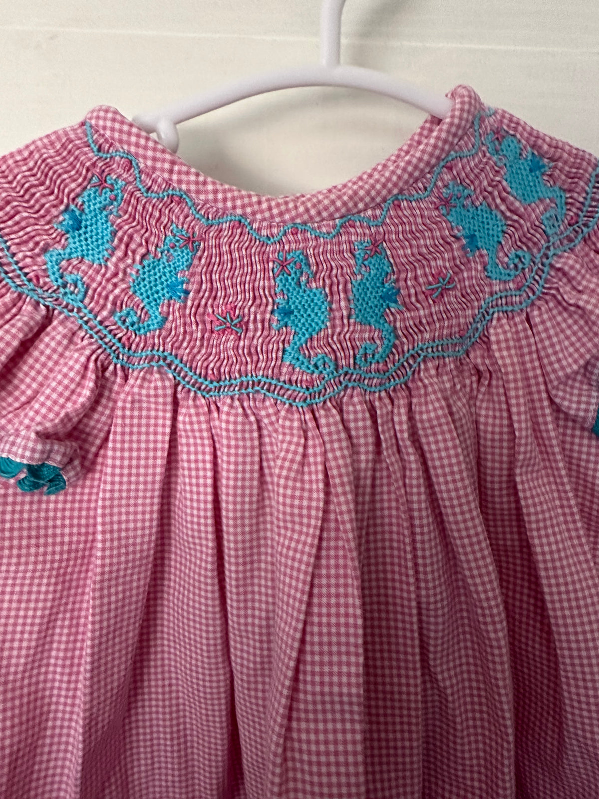 18M - Shrimp & Grits Pink Gingham Bishop Dress with Smocked Seahorses