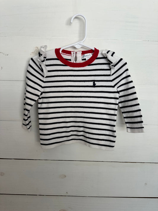 Ralph Lauren Pima Cotton Navy and White Striped Sweater with Red Trim