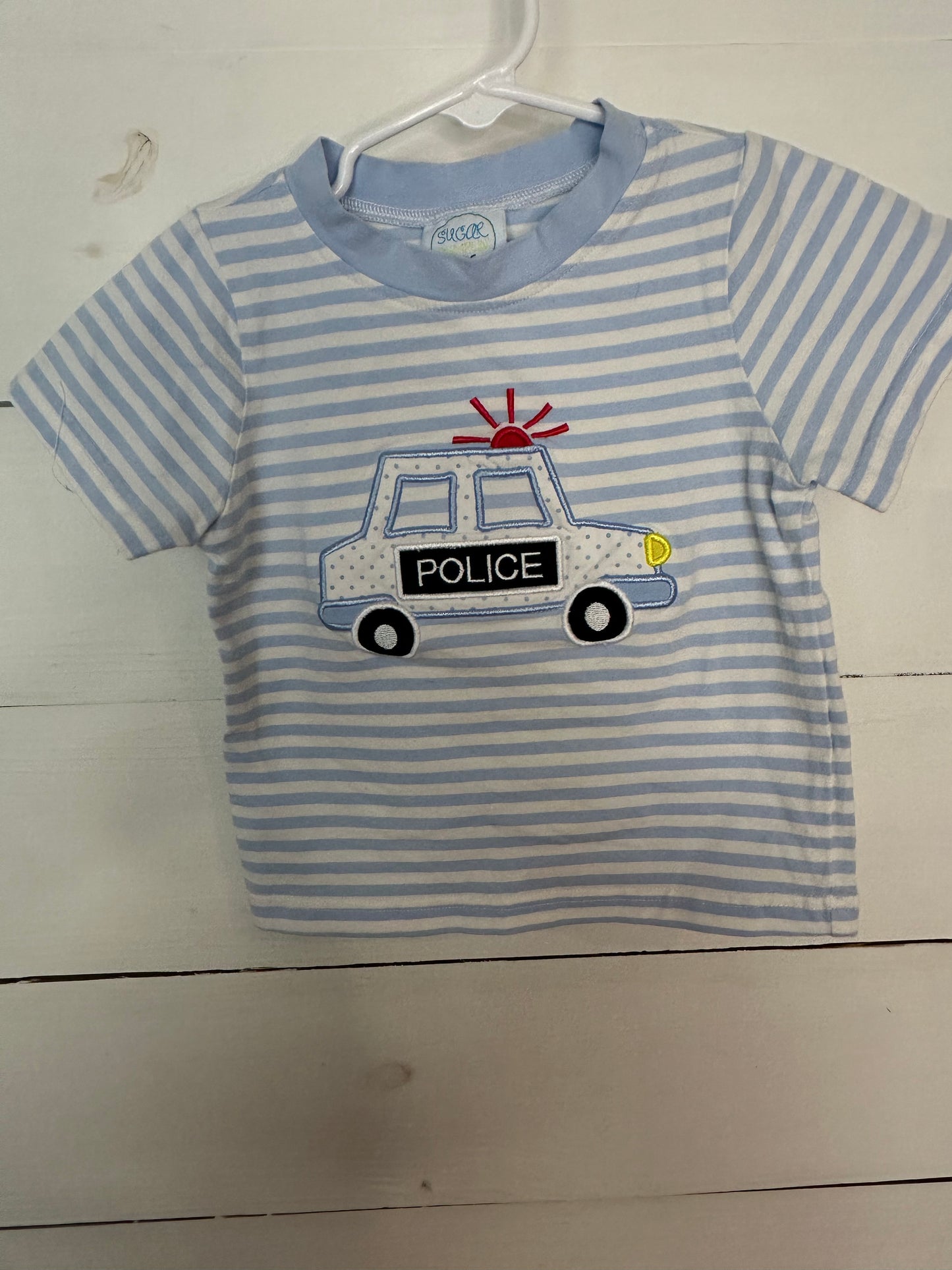 24M - Sugar Dumplin Kids - Blue & White Striped Tshirt with Appliqued Police Car
