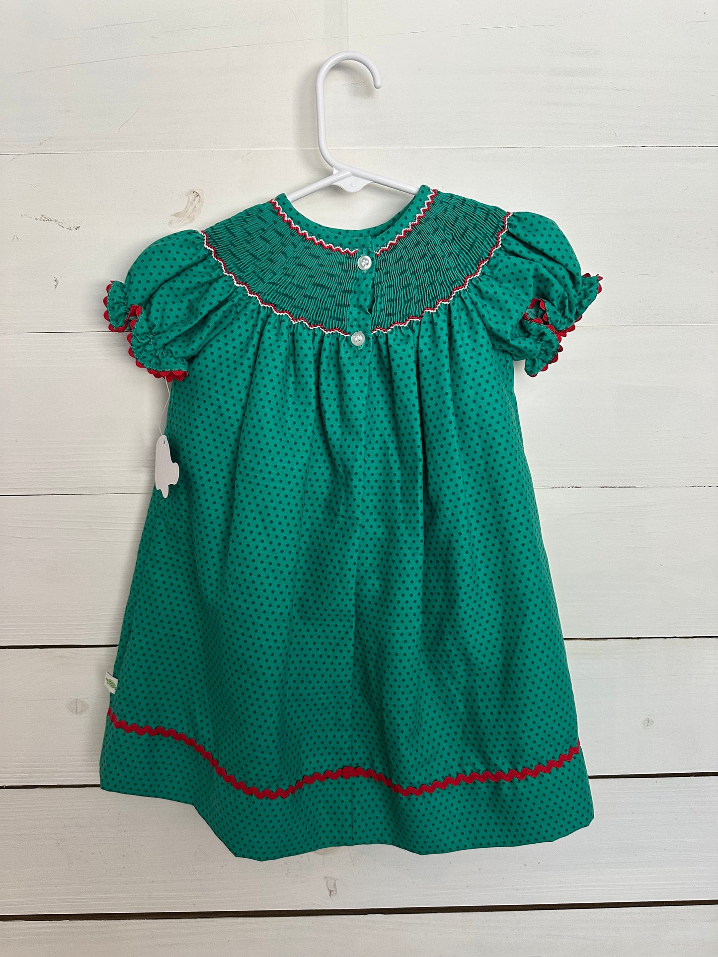 Lolly Wolly Doodle Green Polka Dot Bishop Dress with Smocked Reindeer and Matching Bloomers