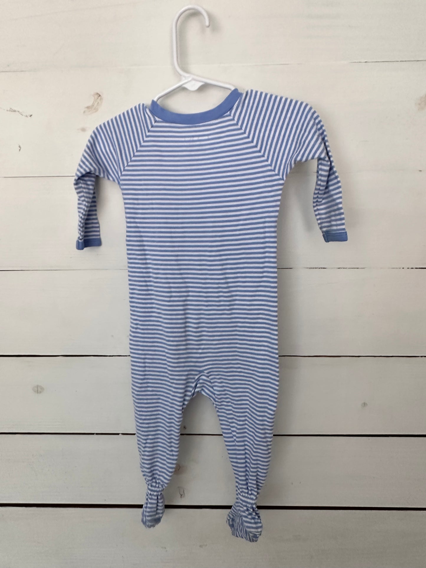 Lake: Cornflower blue striped footies with double zippers and grippy feet