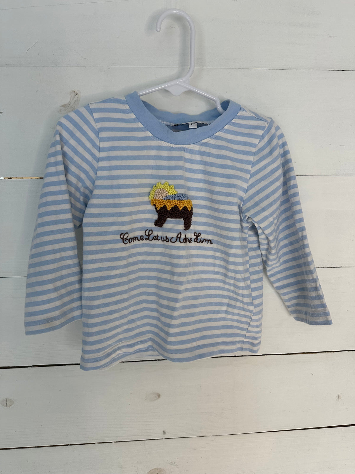 2T - Emma Blake Smocks - Come Let Us Adore Him Longsleeve Shirt - French Knot Jesus in Manger