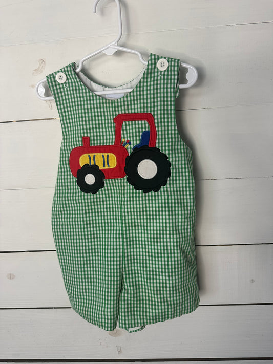 18M - Kelly Kids Green Gingham Jon Jon with Appliqued Tractor