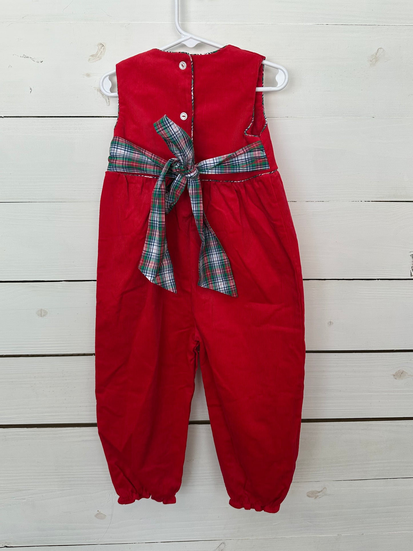 3T - TBBC Red Corduroy Jumper with Tartan Plaid Ties and Trim