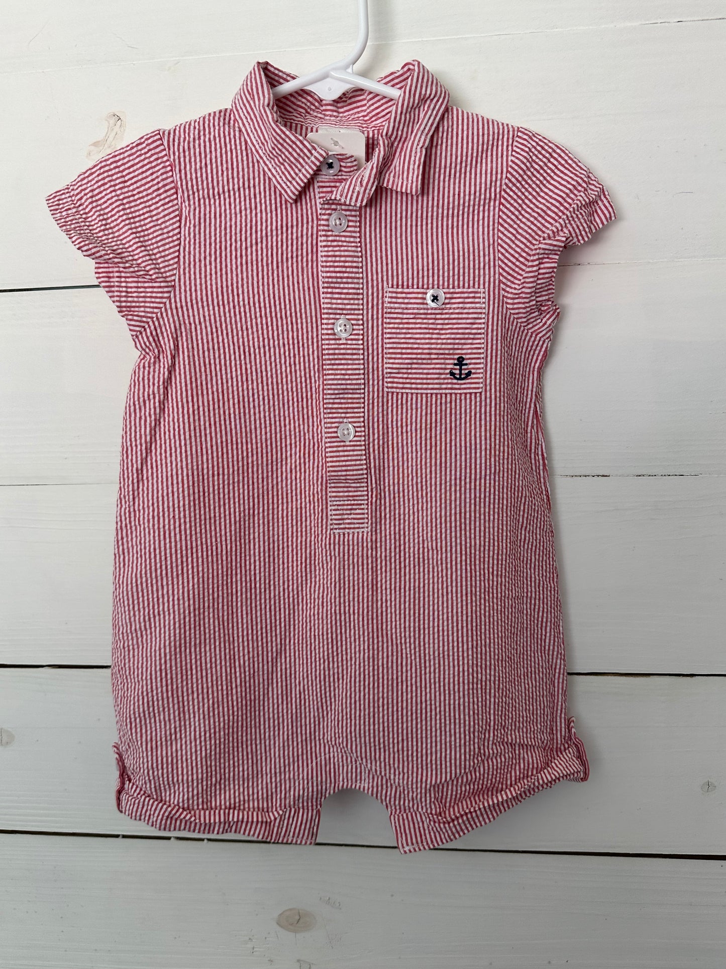 24m - Starting Out - Red Seersucker romper with embroidered anchor on front chest pocket