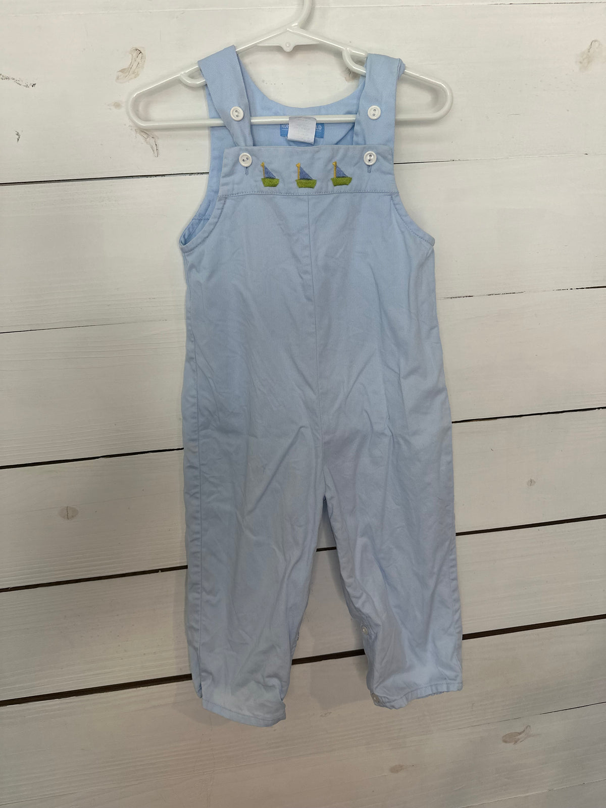 24M - Monday's Child Blue Overalls with Embroidered Sailboats