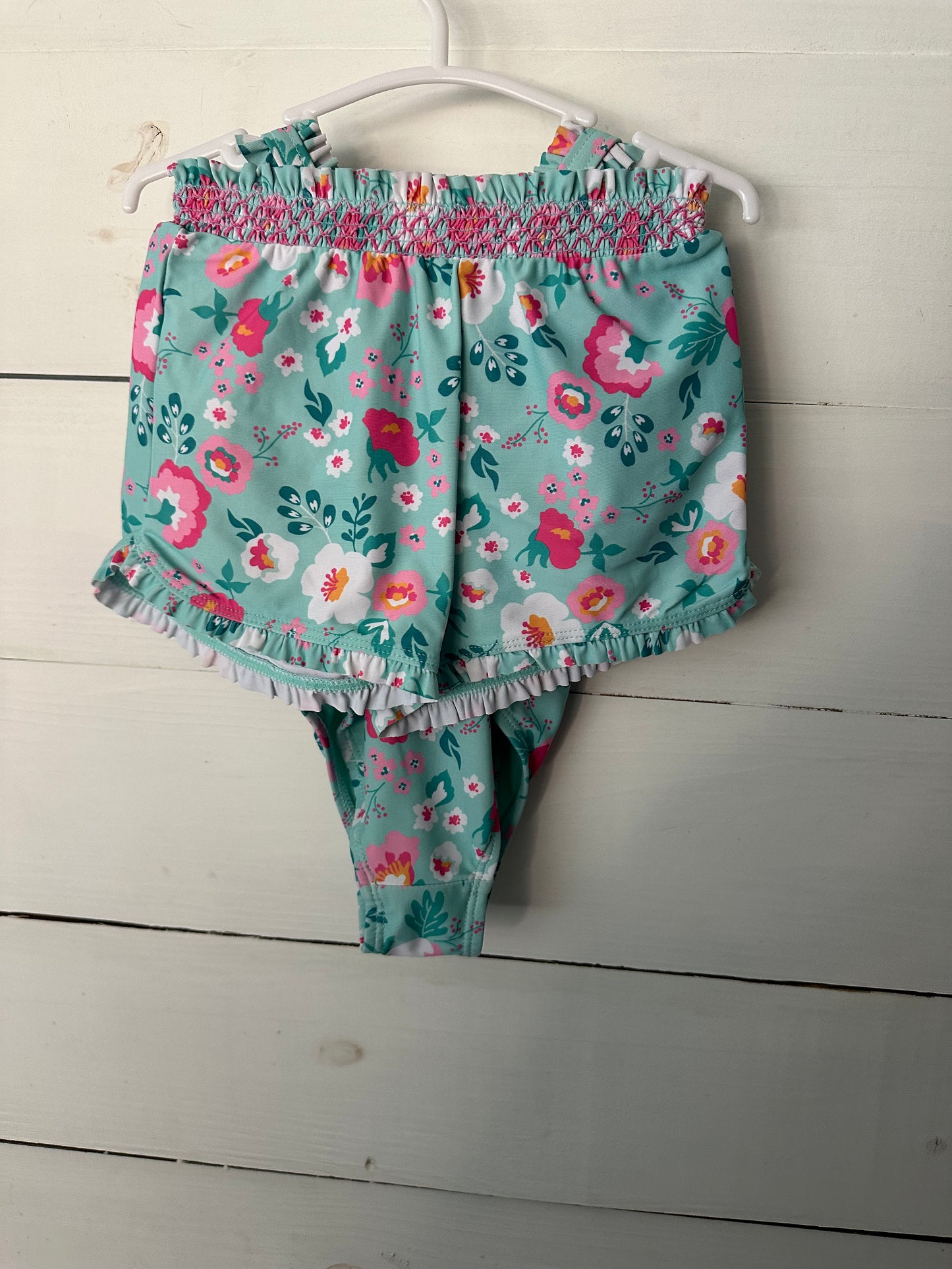 12M - Mint Swim Suit with Pink Flowers and Matching Shorts