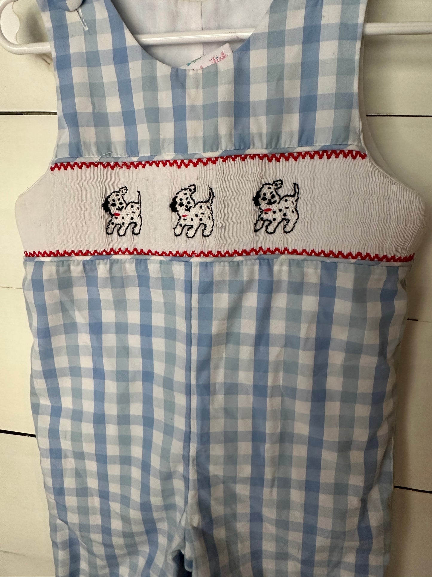 12M - Stitchy Fish Blue Gingham Longalls with Polka Dot Puppy Smocking