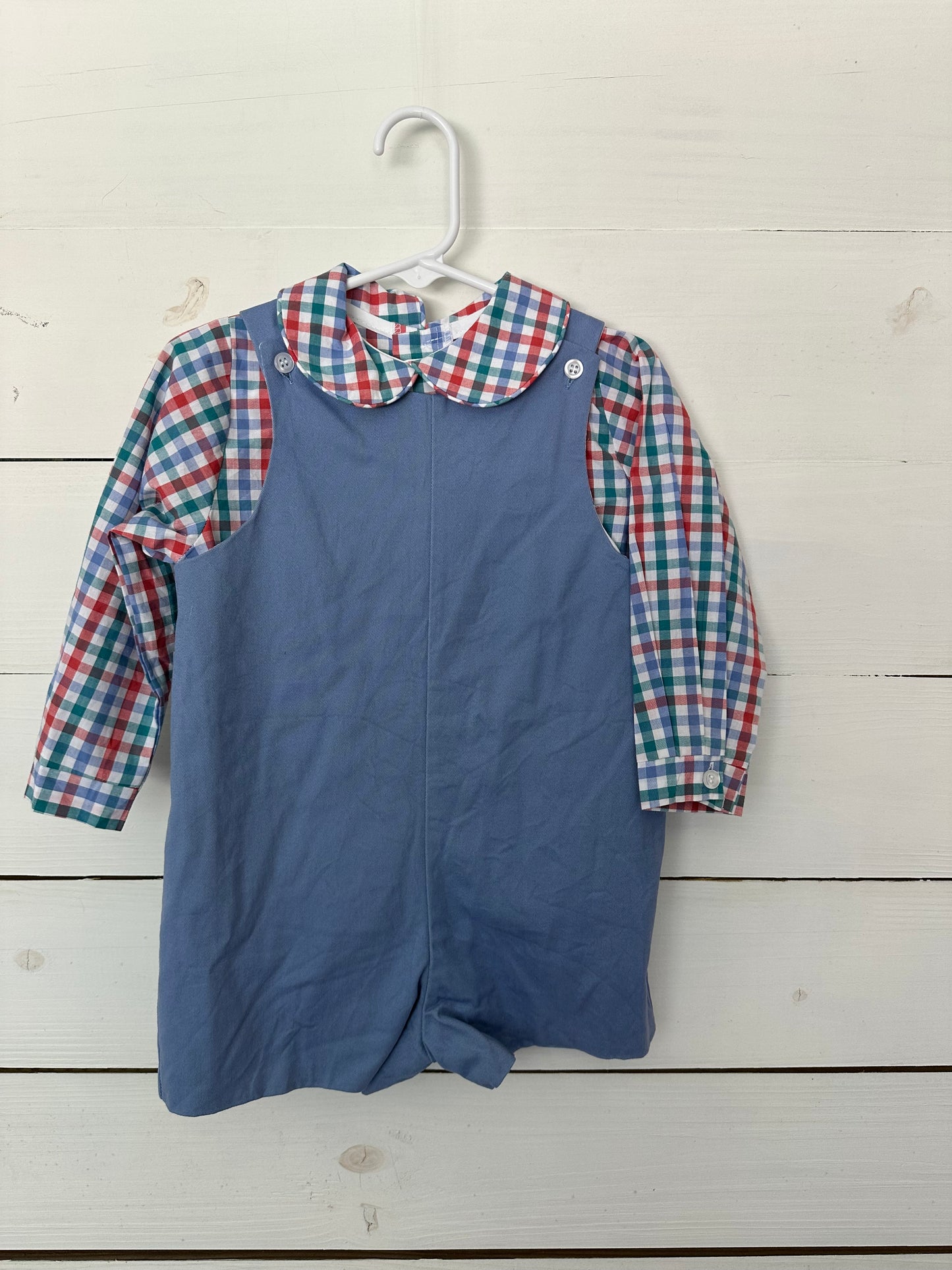24m - Bailey Boys 2 Piece Shirt and Jon Jon's - Shirt is a red, blue, & green plaid with button up back and Peter pan collar - Jon Jon Wedgewood blue and lined