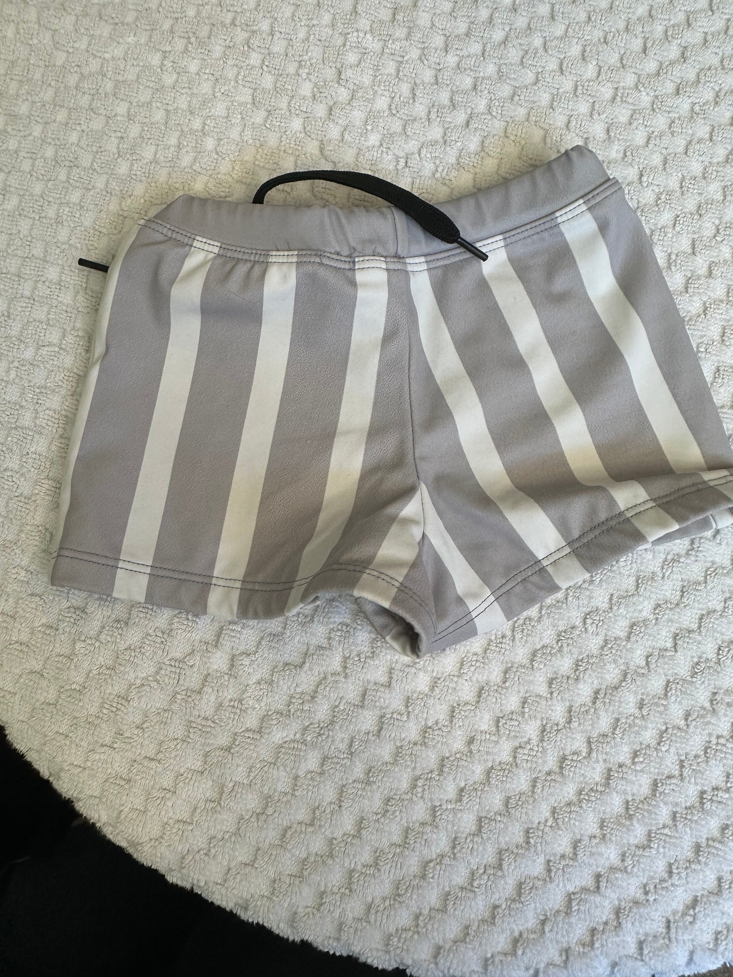 12-18M - Kortni Jeane Grey & White Striped  Swim Trunks - Euro Short Style