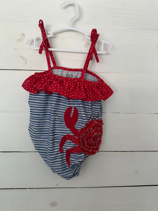 24M/2T - Mud Pie Striped Bathing suit with cute crab & ruffles