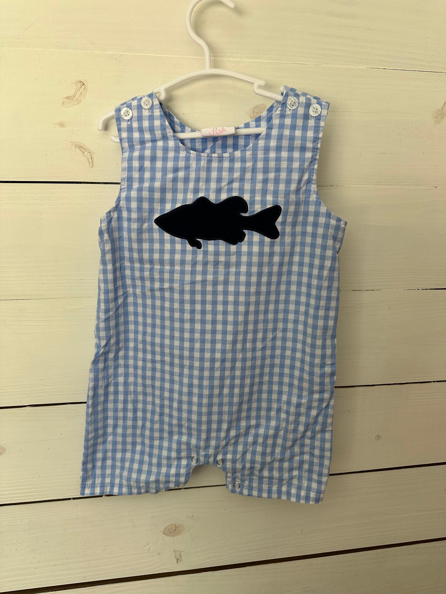 2T - Stichy Fish Blue Gingham Jon Jon with Appliqued Fish