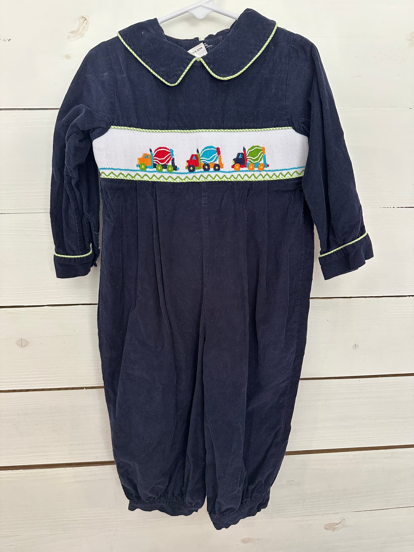 2T - Shrimp & Grits Navy  Smocked Trucks Romper