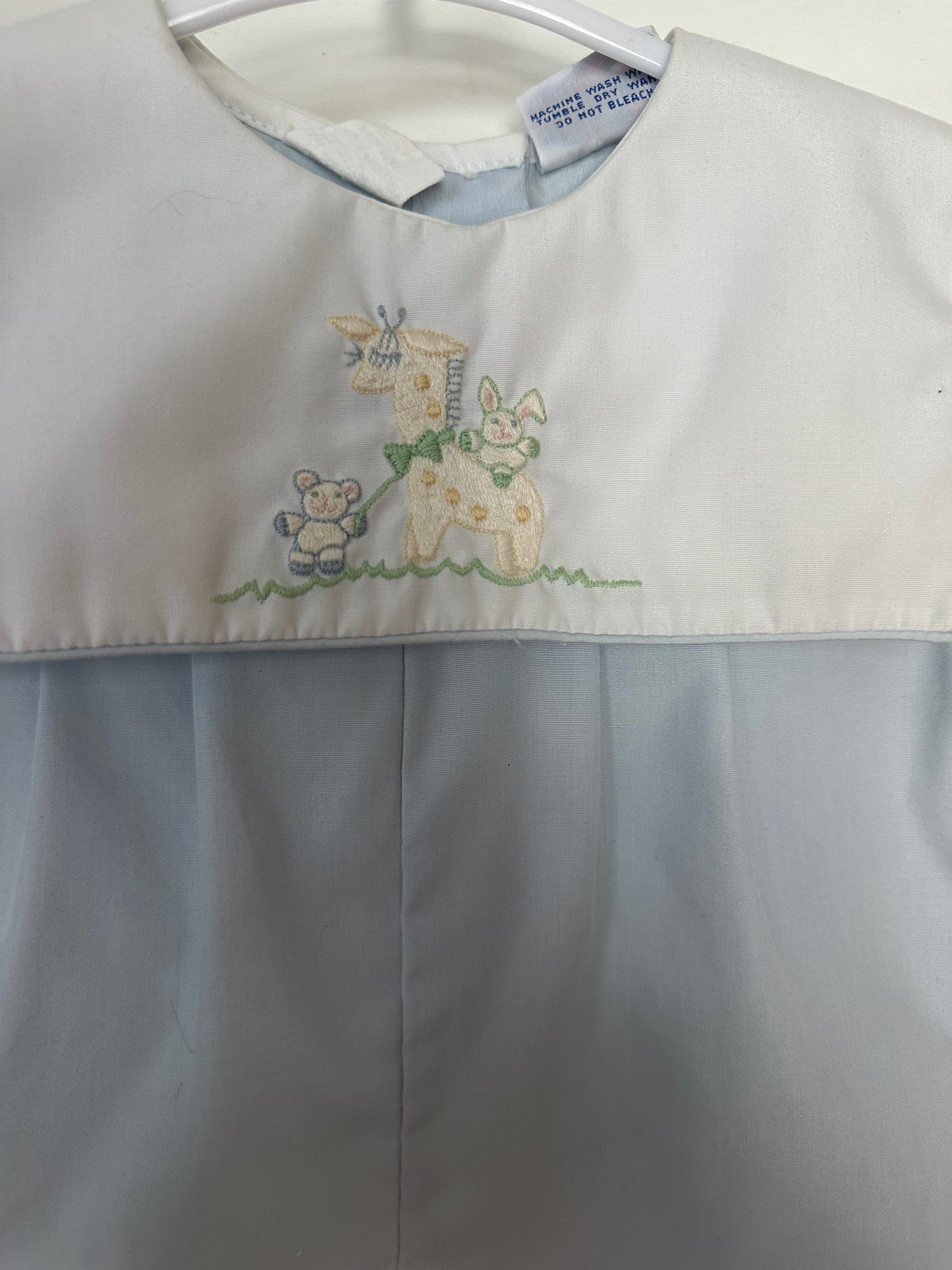 6M- Petit Ami Baby Blue Heirloom Romper with Embroidered Animals