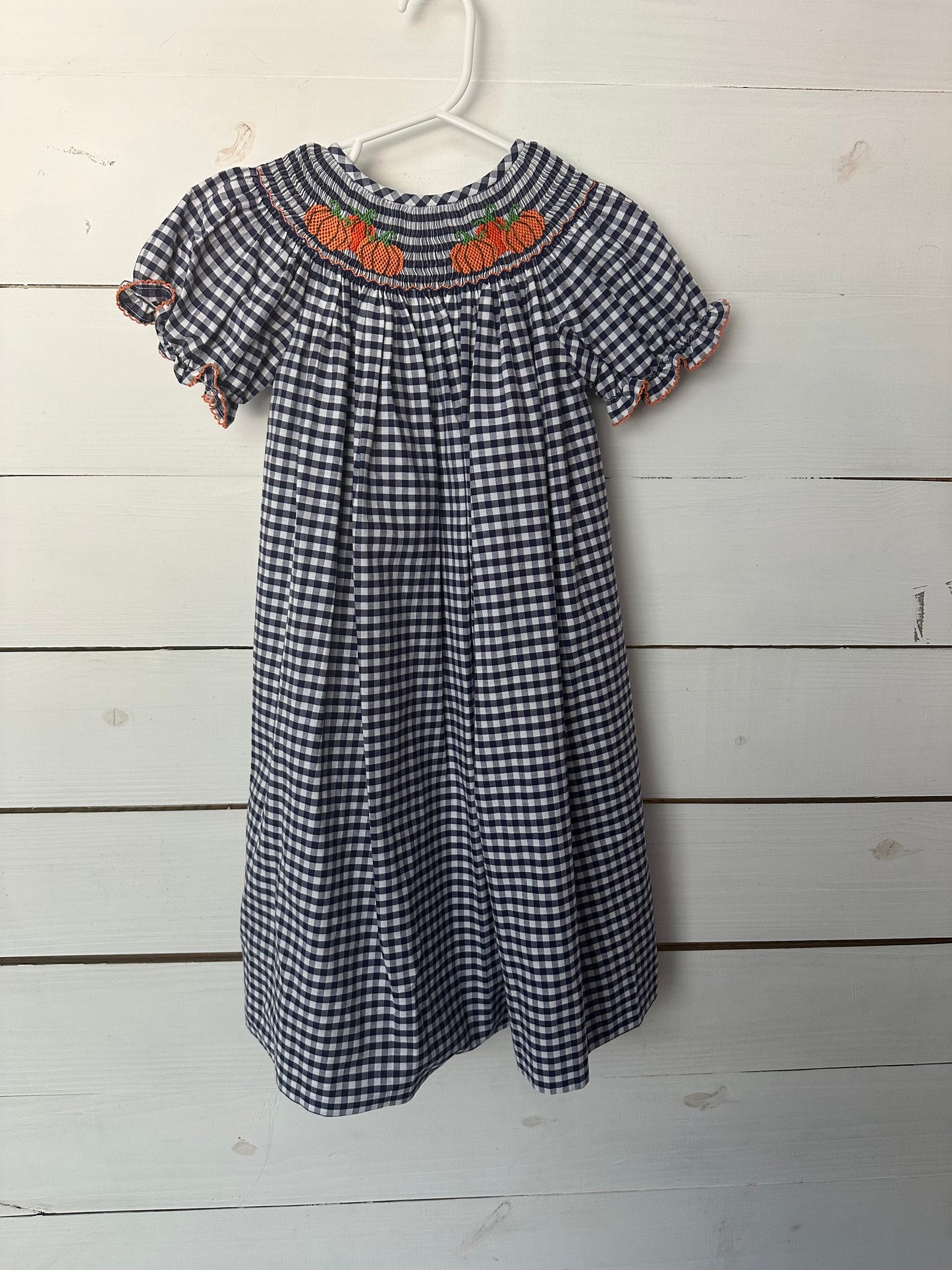 4T - Classic Whimsy - Navy Blue Gingham Dress with Smocked Pumpkins