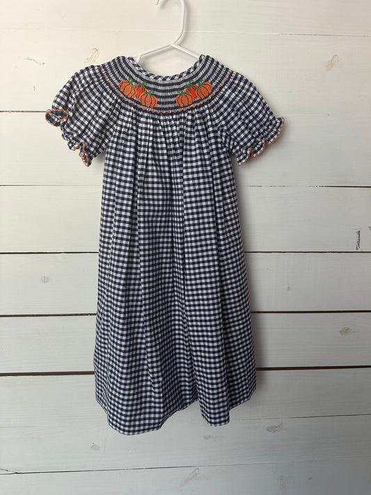 4T - Classic Whimsy - Navy Blue Gingham Dress with Smocked Pumpkins