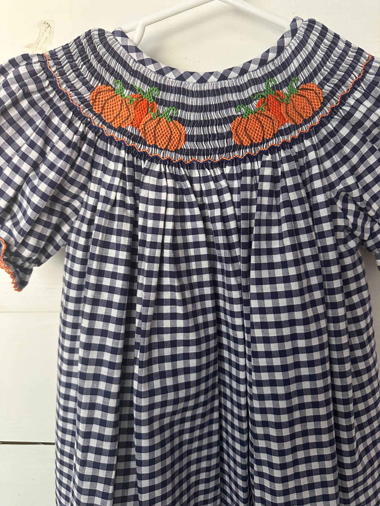 4T - Classic Whimsy - Navy Blue Gingham Dress with Smocked Pumpkins