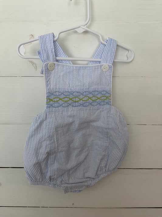 The Proper Peony: Seersucker sunsuit with blue and green smocking