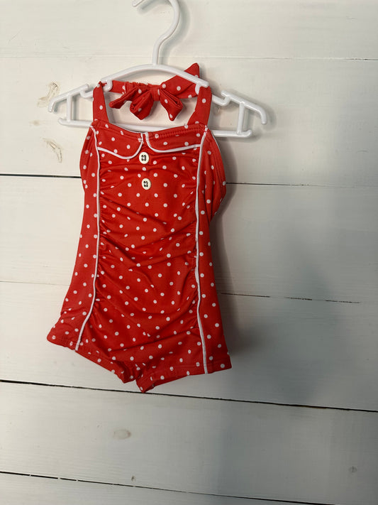 12-18M - Janie & Jack Coral and White Polka Dot Swimsuit