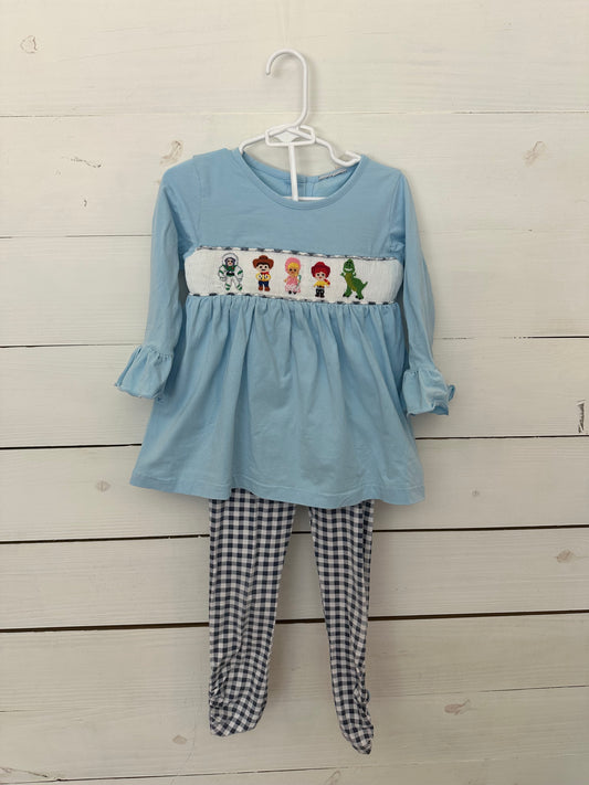 MK Clothing Designs - Smocked Toy Story Baby Blue Top with ruffle sleeves - matching gingham pants