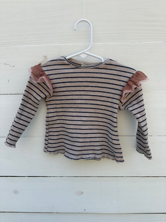 9/12M - Taupe and Navy Striped Shirt with Tule Shoulders - Zara