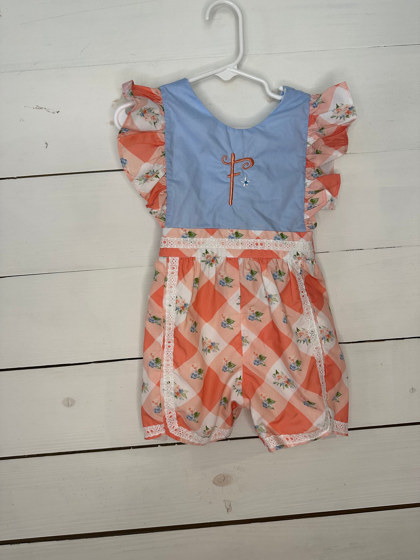 2T - Busy Bee Smocks - Blue and Pink Romper with F personalization