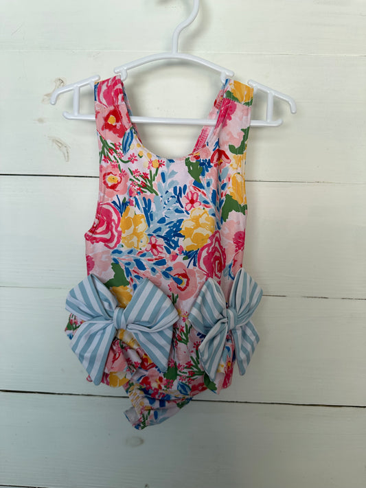 9/12M - MudPie Floral and Blue and White Striped One piece