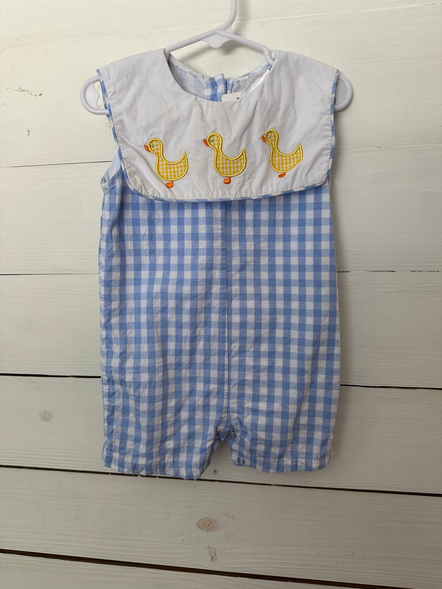 Stitchy Fish: Blue Gingham Romper with Appliques Ducks