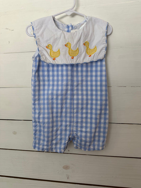 Stitchy Fish: Blue Gingham Romper with Appliques Ducks