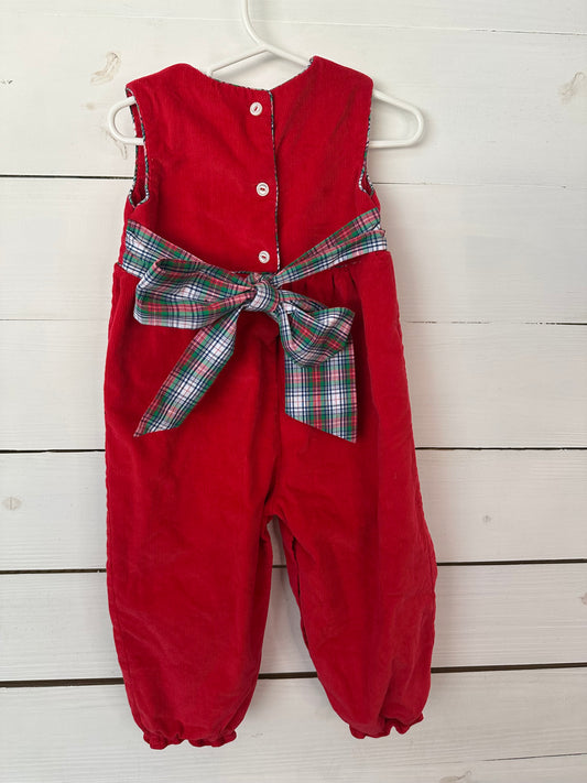 2T - TBBC Red Corduroy Jumper with Tartan Plaid Ties and Trim