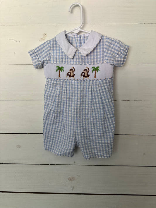 Zuccini Romper - Blue and tan gingham with monkey and palm tree smock with peter pan collar