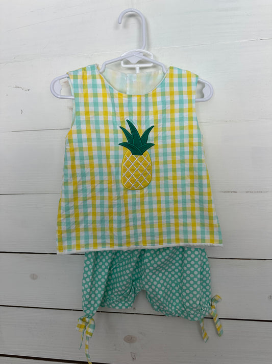 Sugar Dumplin: Yellow & Mint Girls 2 Piece Set with Appliqued Pineapple & matching shorts.