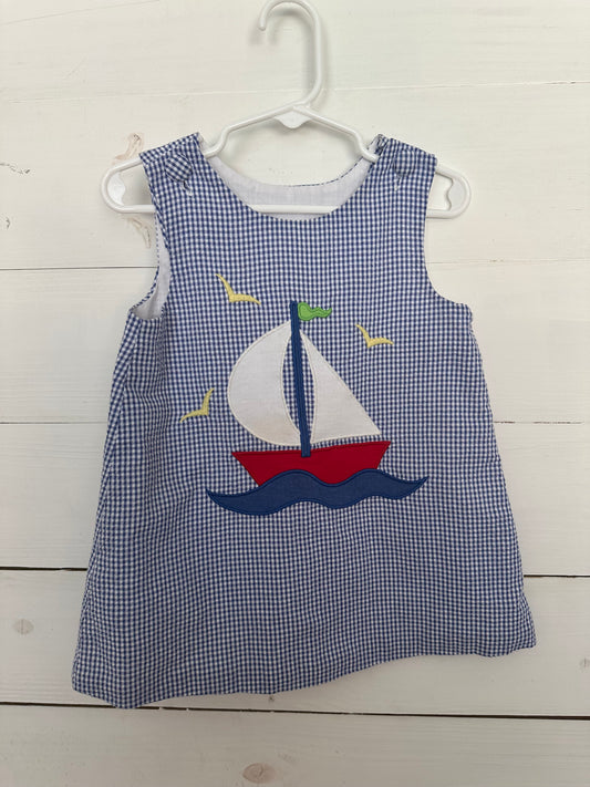 Kelly's Kids : Blue seer sucker dress with appliqued sail boat