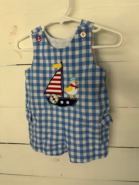 6M - Good Lad Blue Ginham Jon Jon with Embroidered Sail Boat