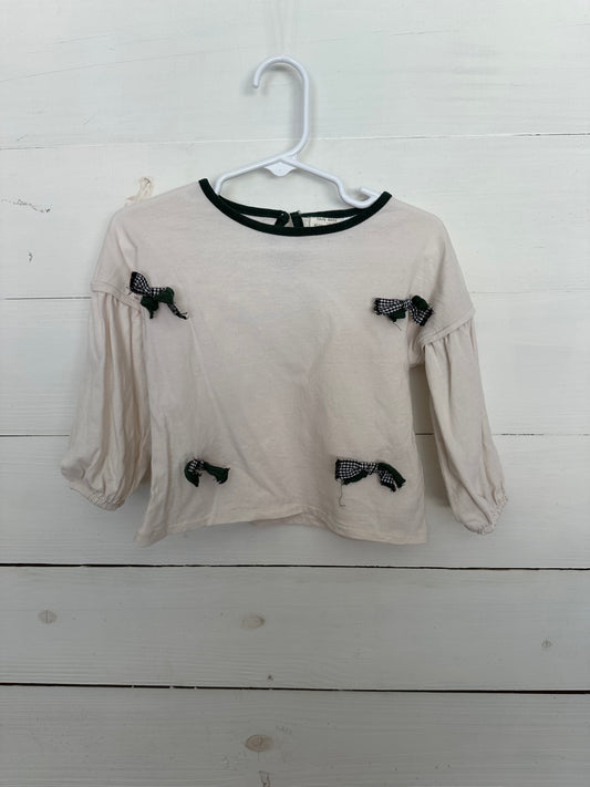 Zara Long Sleeve Girls Shirt with Green trim & Bow Details