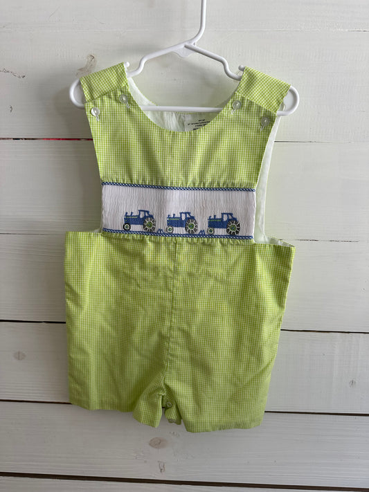 2tT - Smocked Auctions Green Micro Gingham Jon Jon with Smocked Tractors