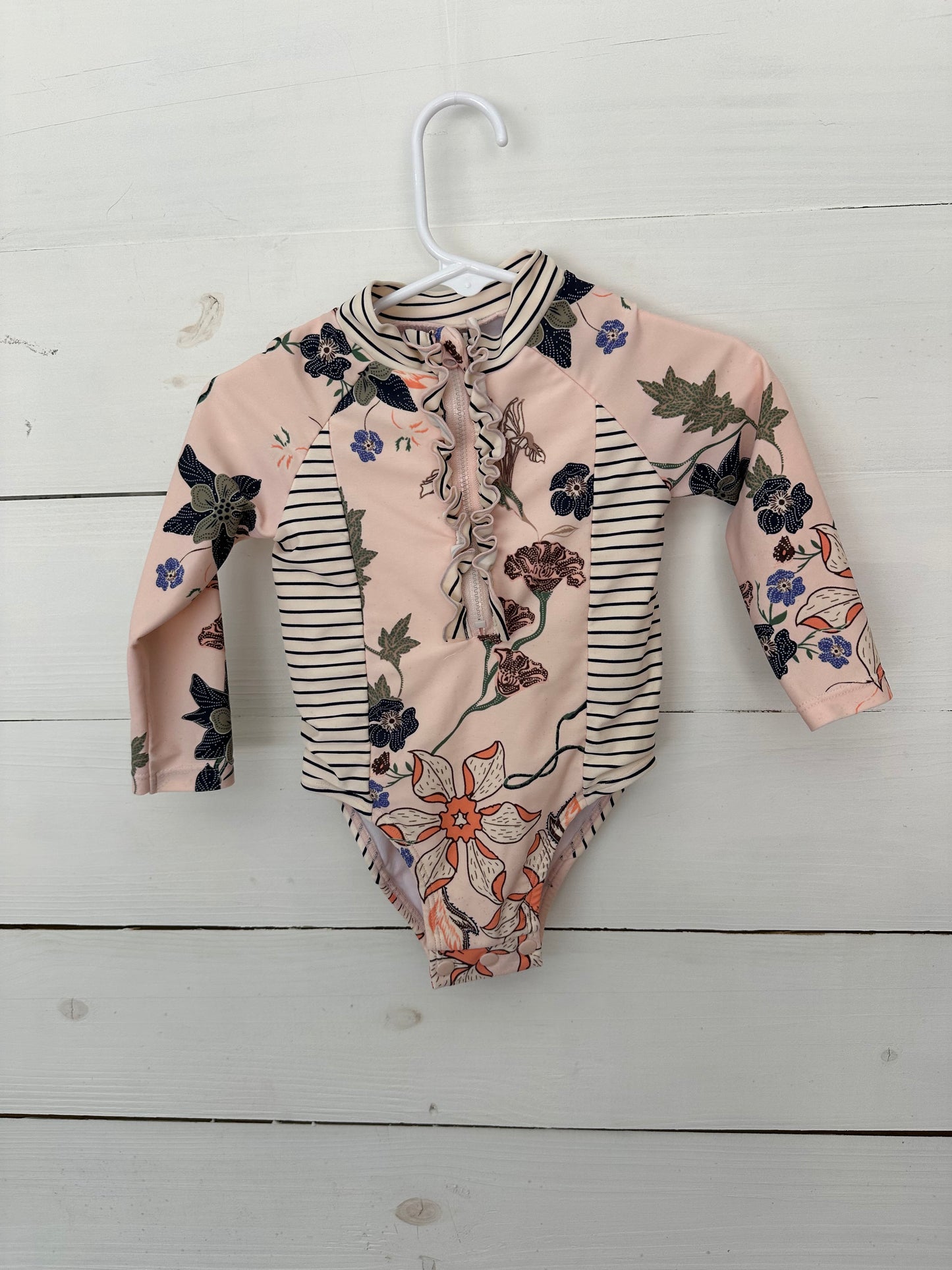 12m - One Piece Zip Up Flowers and Stripe Swim - Jessica Simpson