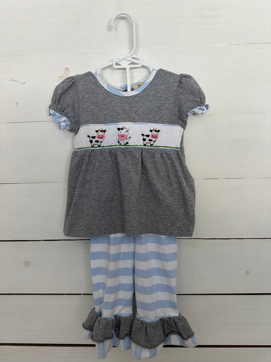 Busy Bee's Girls 2 Piece Set Grey Baby Doll Top with Smocked Cows and Light blue details with matching Ruffle Pants