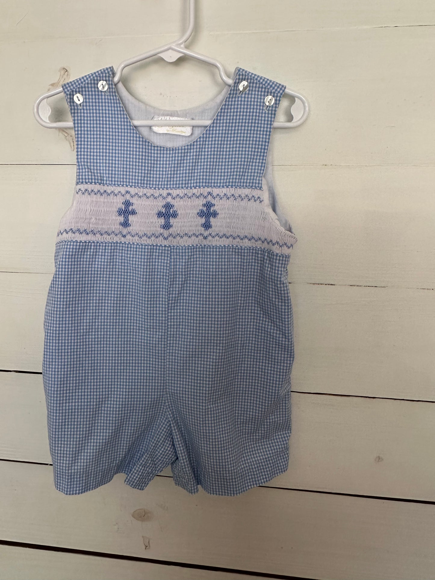 Sir John: Blue gingham Jon Jon with smocked crosses