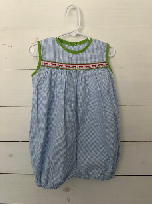 PB&J: Blue gingham romper with green trim and red wagons