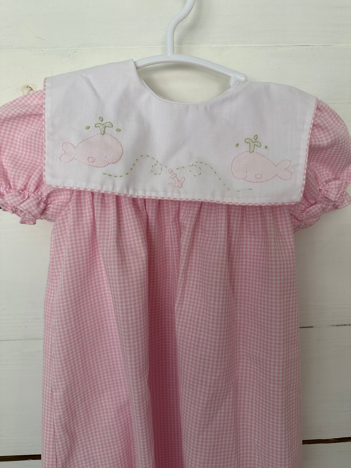 0-3M - Auraluz Pink Gingham Hand Embroidered Day Gown with Whale Details NWOT